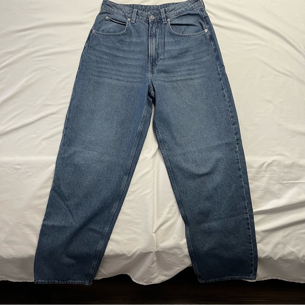 & Denim High Rise Straight Leg Baggy Jeans Medium Wash Mom Fit Size 8